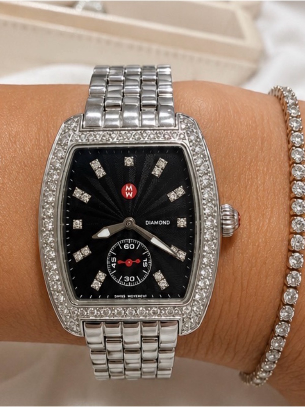 Michele Diamond-Set Stainless Steel Tonneau Watch — Black Dial